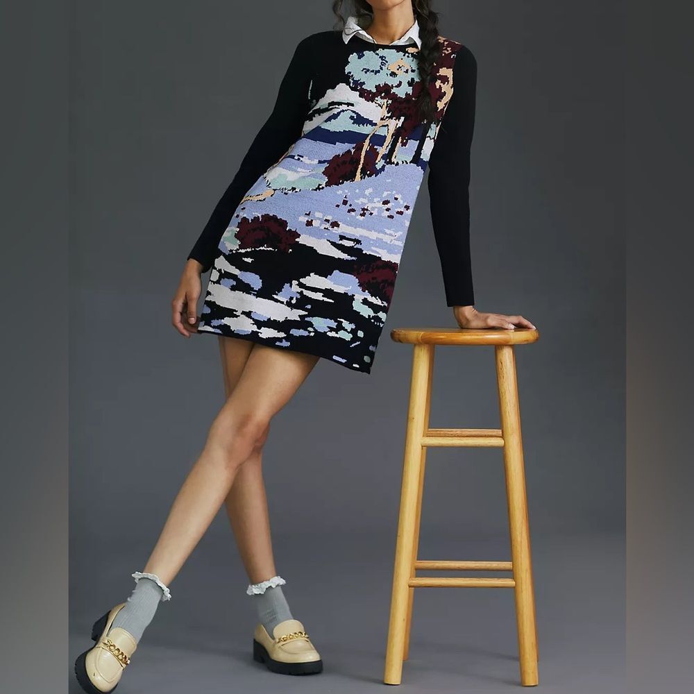 Anthropologie Maeve Scenic Mini Sweater Dress Long Sleeve Knit M